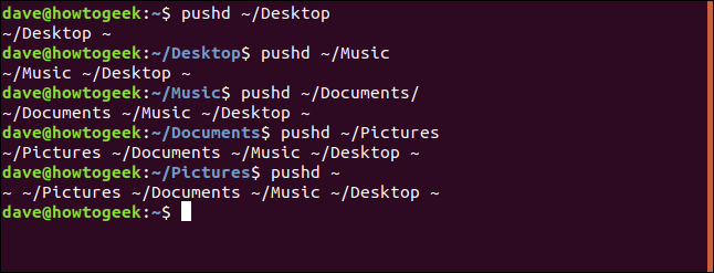Los comandos "pushd ~ / Desktop", "pushd ~ / Music", "pushd ~ / Documents", "pushd ~ / Pictures" y "pushd ~" en una ventana de terminal.
