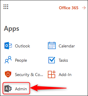 El icono de administrador en el iniciador de aplicaciones de O365