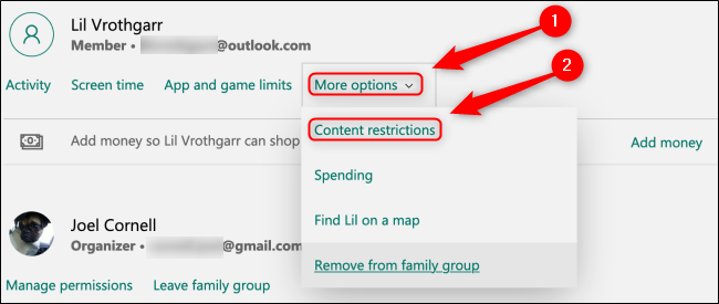 Botón de restricciones de contenido del grupo familiar de Microsoft