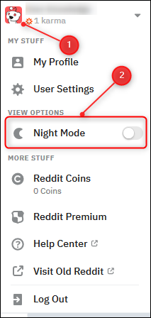 Haz clic en tu avatar de perfil en la parte superior derecha de la página y luego selecciona el botón de alternancia "Modo nocturno".