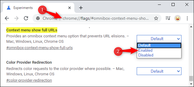 La marca "El menú contextual muestra las URL completas" en Chrome