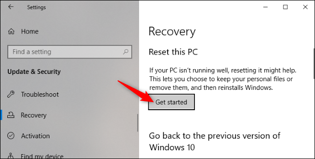 El botón "Comenzar" en Restablecer esta PC en la aplicación Configuración de Windows 10.