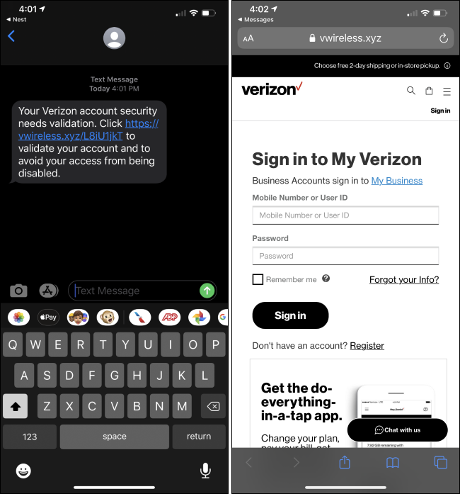 Una estafa de phishing por SMS de Verizon en un iPhone.