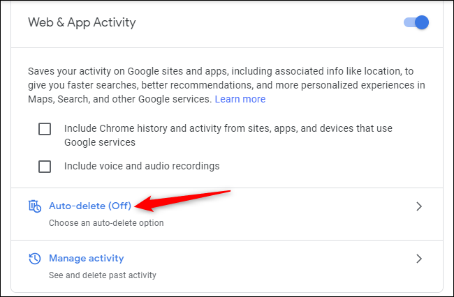 Habilitar "Eliminación automática" para Actividad web y de aplicaciones en una cuenta de Google.