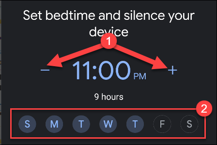 Toque los signos menos y más para establecer la hora en que desea que su dispositivo se silencie, y luego toque los días de la semana en los que desea que esto ocurra.