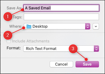 El cuadro de diálogo "Guardar como" de Apple Mail con el nombre del archivo, la ubicación y el botón Guardar resaltados.