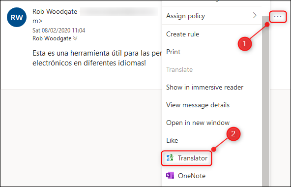 El menú emergente con la opción "Traductor" resaltada.