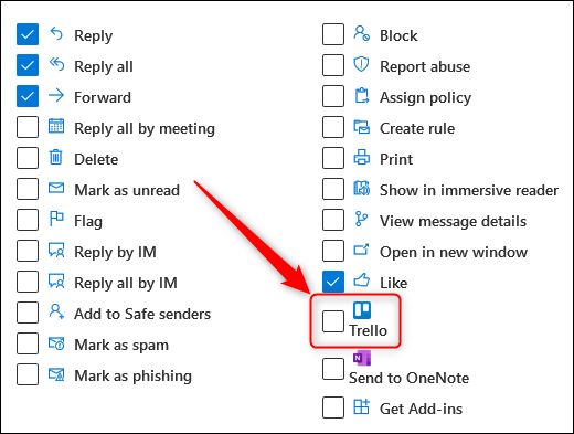 Las casillas de verificación de acción con el complemento de Trello resaltado