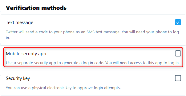 Las opciones de "Métodos de verificación", con la opción "Aplicación de seguridad móvil" resaltada.