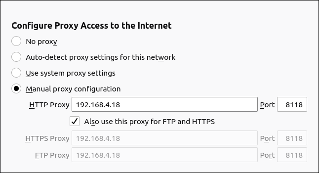 Las opciones de "Configurar acceso de proxy a Internet" en Firefox.