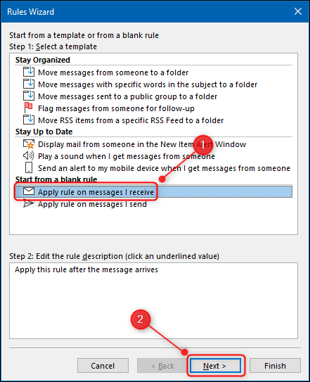 La "Aplicar regla a los mensajes que recibo" en el Asistente de reglas.