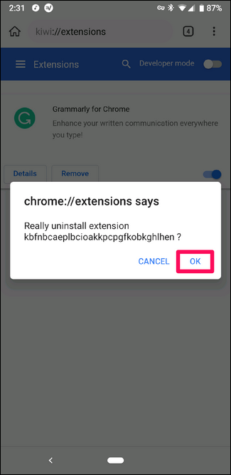 Desinstalar una extensión en Kiwi Browser