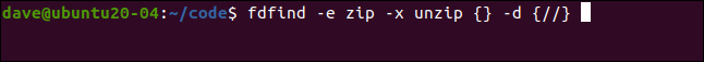 fdfind-e zip -x descomprimir {} -d {//} en una ventana de terminal.