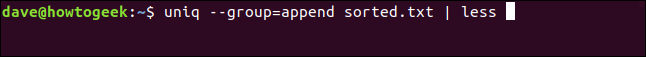 El comando "uniq --group = append sorted.txt | less" en una ventana de terminal.