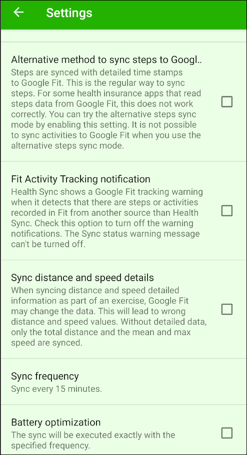 El menú "Configuración" de Health Sync.