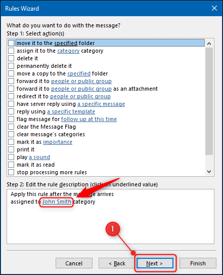 El botón "Siguiente" en el Asistente para reglas.