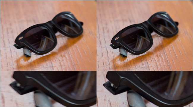 Cuatro imágenes de un par de gafas de sol sobre una mesa, dos para las que se usó IS y dos cuando no.