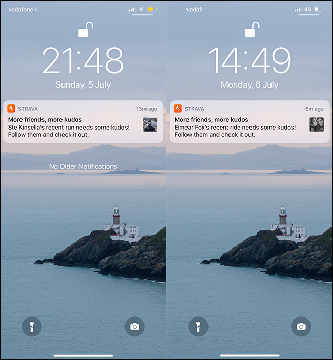 Notificaciones push de Strava en un teléfono celular. 