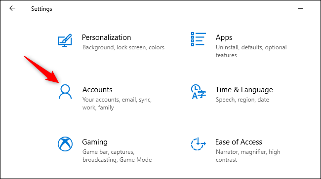 Abrir cuentas en la aplicación de configuración de Windows 10.