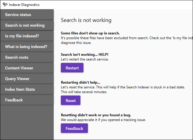 Solución de problemas de Windows Search no funciona en Indexer Diagnostics.