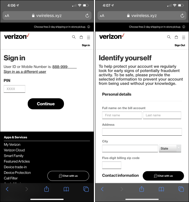 Un sitio web de phishing que se hace pasar por Verizon.