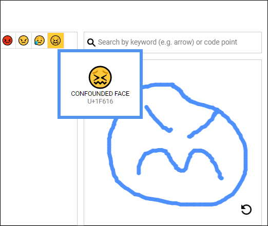La función de búsqueda "Dibujar" con una cara triste dibujada y los emojis resultantes.