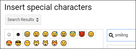 La barra de búsqueda "Insertar caracteres especiales" con "sonriendo" escrito y los emojis resultantes.