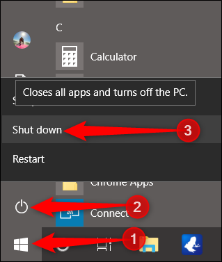 Haga clic en Inicio, luego en el botón de encendido, luego mantenga presionada la tecla Mayús mientras hace clic en Apagar