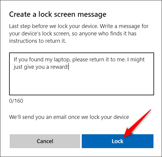 Ingrese el mensaje de la pantalla de bloqueo, luego haga clic en Bloquear