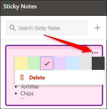 Haga clic en el icono de menú de notas adhesivas