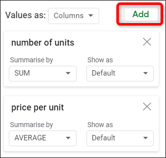 Junto a "Valores", haga clic en "Agregar", luego elija los valores que desea resumir en su tabla.