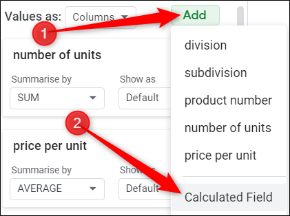 Para agregar un resumen personalizado, haga clic en "Agregar" junto al encabezado Valores, luego haga clic en "Campo calculado".