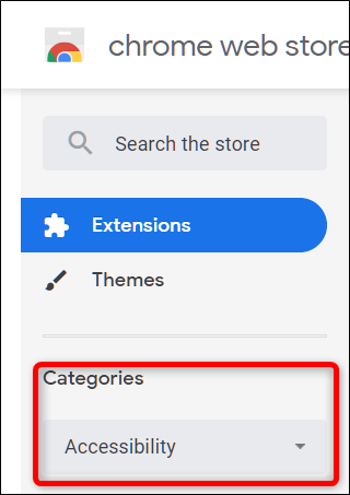 Elija Accesibilidad en el menú desplegable de Categorías