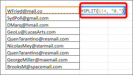 Haga clic en una celda vacía y escriba = SPLIT (celda_con_datos, "@.") Y presione enter