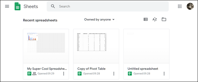 Descripción general de la página de inicio de Google Sheets