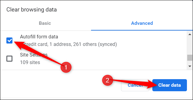 Asegúrese de que la opción Autocompletar datos de formulario esté marcada y luego haga clic en Borrar datos