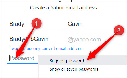 Haga clic con el botón derecho en el campo de contraseña vacío y luego haga clic en "Sugerir contraseña".