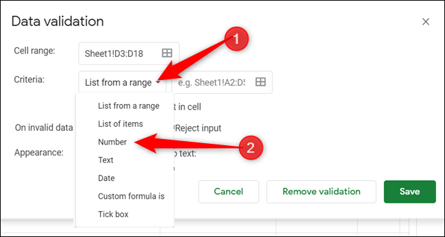 Haga clic en el menú desplegable junto a "Criterios" y seleccione la forma de validación que desea utilizar.