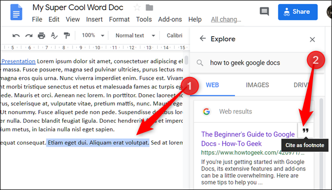 Resalta un texto o coloca el cursor donde quieras citar algo y luego haz clic en el ícono de citas que aparece al pasar el cursor sobre un enlace.