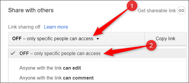 Puede desactivar el uso compartido de enlaces haciendo clic en el menú desplegable y luego en "DESACTIVADO; solo pueden acceder personas específicas".