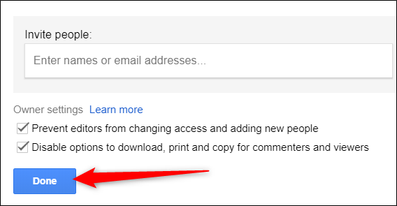 Haga clic en "Listo" para cerrar la configuración de uso compartido y volver a Google Drive.