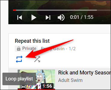 Cuando se cargue el primer video, haga clic en el ícono de bucle, ubicado debajo del video.