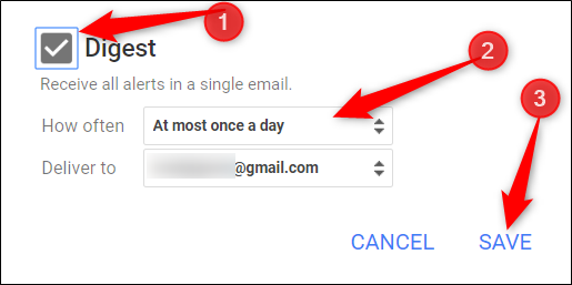 ¿Quiere que todas sus alertas estén agrupadas en un solo correo electrónico?  Haga clic en la casilla de verificación junto a "Resumen", especifique la frecuencia con la que se envía y luego haga clic en "Guardar".