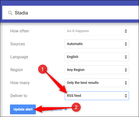 Cambie el menú desplegable de "Enviar a" a "Fuente RSS" y haga clic en "Actualizar alerta".
