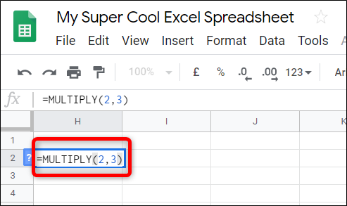 Haga clic en una celda vacía y escriba "= Multiplicar (2,3)" y presione la tecla Intro para encontrar el producto de 2 y 3.