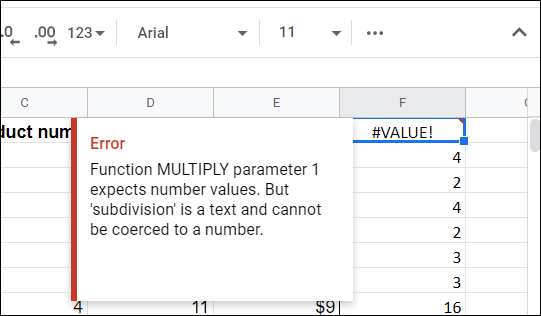 Si tiene encabezados en la parte superior de una tabla, verá este error.  Esto solo significa que la fórmula solo acepta números enteros como valores, no palabras.