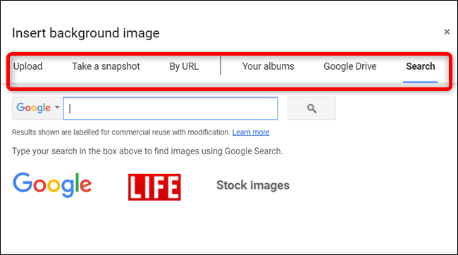 Puede seleccionar una imagen de una gran variedad de medios, incluido Google Drive, o buscar una usando imágenes de Google, Life o Stock.