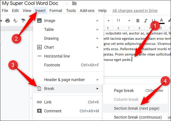 Haga clic para colocar el cursor al final de la página y luego haga clic en Insertar> Salto> Salto de sección (página siguiente).