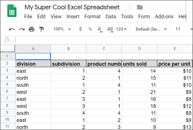 Una hoja de cálculo en Google Sheets.