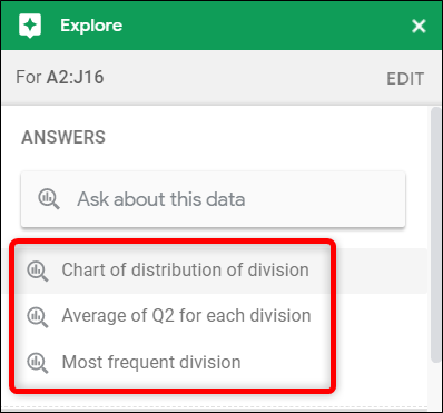 Preguntas sugeridas en la sección "Respuestas" de Explore.